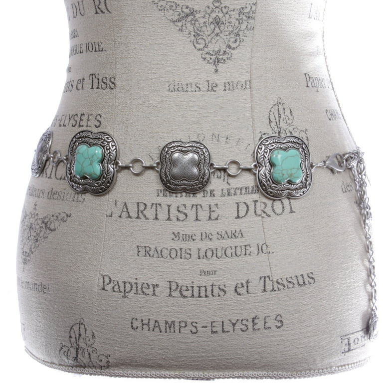 Women's Western Turquoise Blue Stone Square Concho Chain Belt