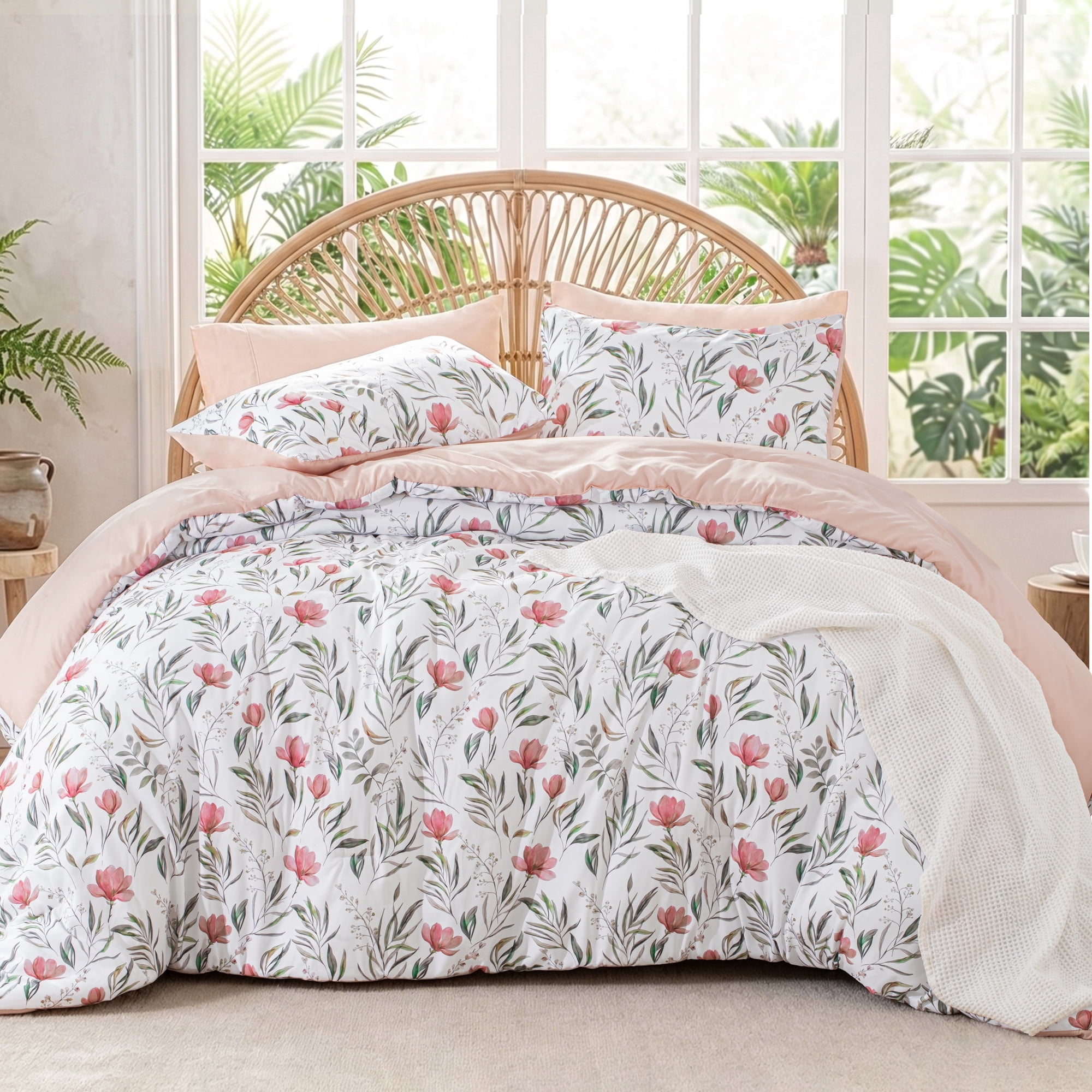 Exclusivo Mezcla Floral Queen Comforter Set, 3 Pieces Queen Size Lightweight Bedding Comforters, Pink Botanical Flowers Pattern