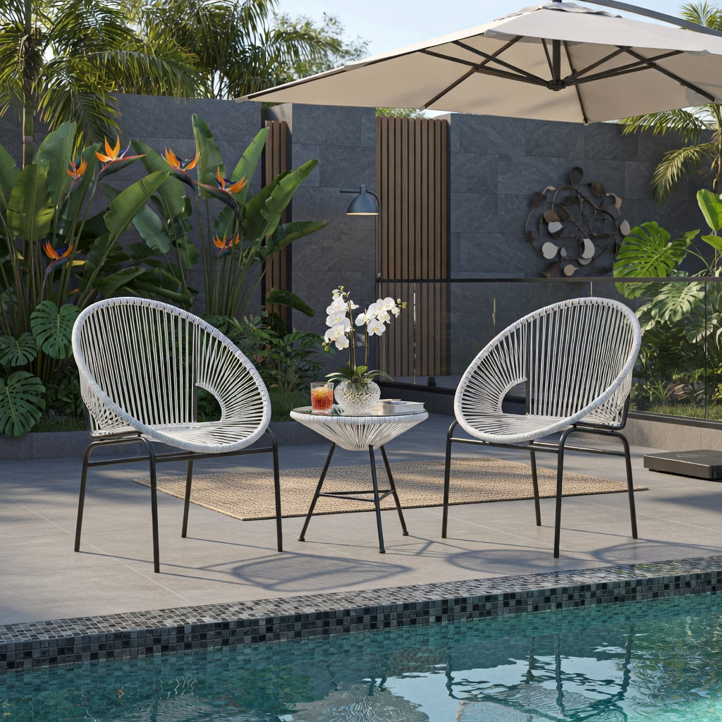 Hommoo 3-Piece Outdoor Acapulco Bistro Set, 2 Ergonomic Rope Chairs + Tempered Glass Table, White