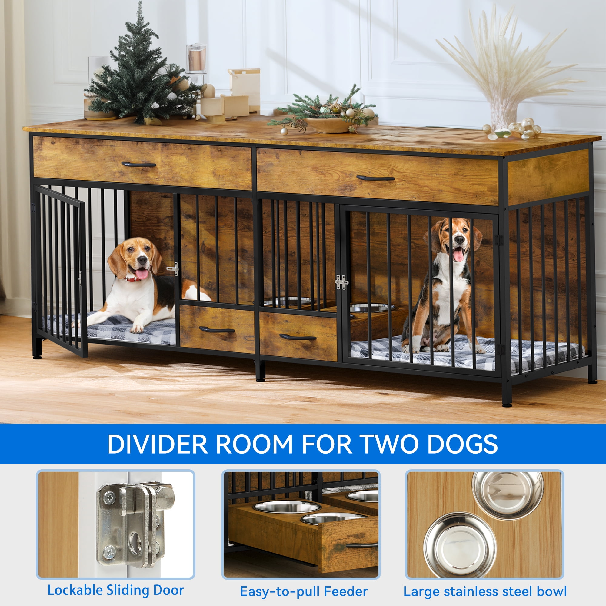  LVZBR Large Dog Crate Furniture for 2 Dogs, 71 Inch Heavy Duty  Dog Kennel Furniture with 2 Drawers & Removable Divider and Pet Mat for  Large and Medium Dogs Indoor : Pet Supplies