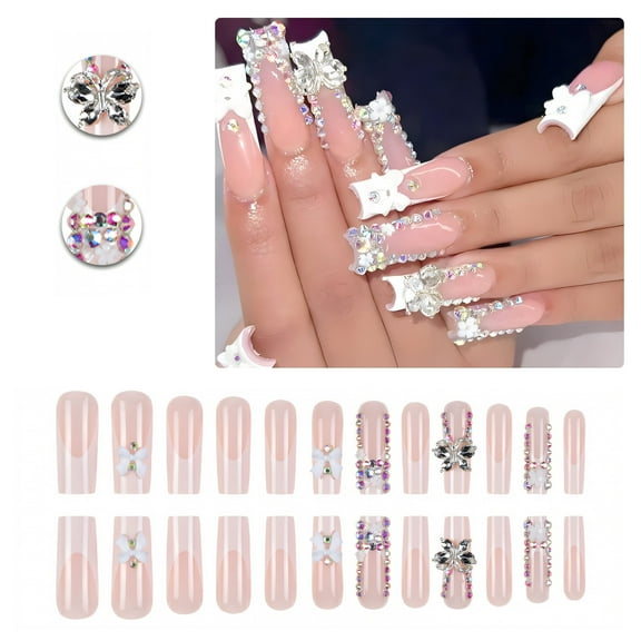 RAGUPEL 24Pcs Glue on Nails for Women,Crystal Embellished Square Nail Tips,3D Bowknot Press on Nails Long,Stick on Nails for Women and Girls,Style1