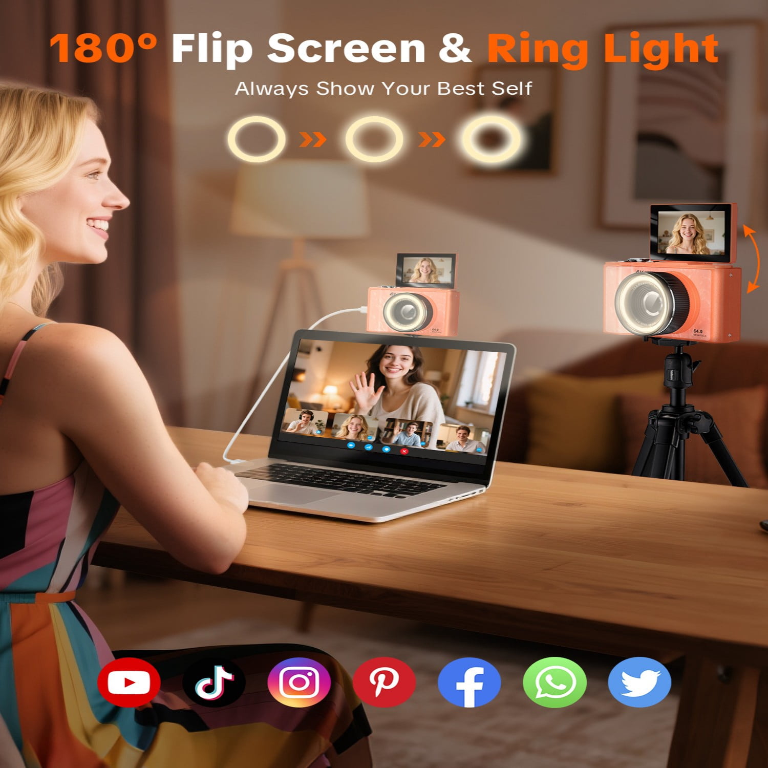 W&O Q5 4K Digital Camera, 180° Flip Screen Point and Shoot Camera with Ring Light, SD Card, Orange