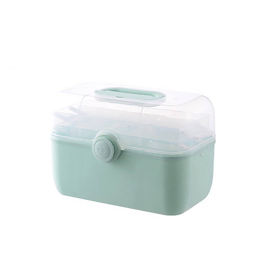Pill Case with Handle Large 2-layers Drawer Family First Aid Kit Storage Box Household Multi-functional Plastic Container Home Green large