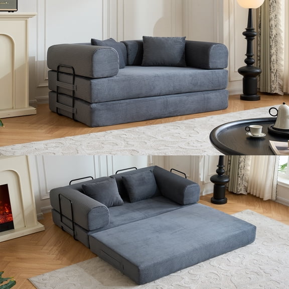 59" Convertible Sleeper Sofa Bed with Pillow, Corduroy Folding Mattress Couch, Floor Sofa Lounge with Fixed-Shape Frame for Living Room Apartment, Gray