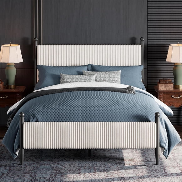 Full Size Bed Frame - with Vertical Stripes headboard, Corduroy upholstered Bed upholstered Bed Frame with Vintage Metal Legs, no Box Spring Needed, Easy Assembly, White