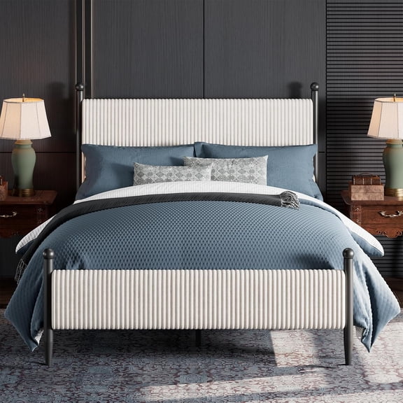 Full Size Bed Frame - with Vertical Stripes headboard, Corduroy upholstered Bed upholstered Bed Frame with Vintage Metal Legs, no Box Spring Needed, Easy Assembly, White