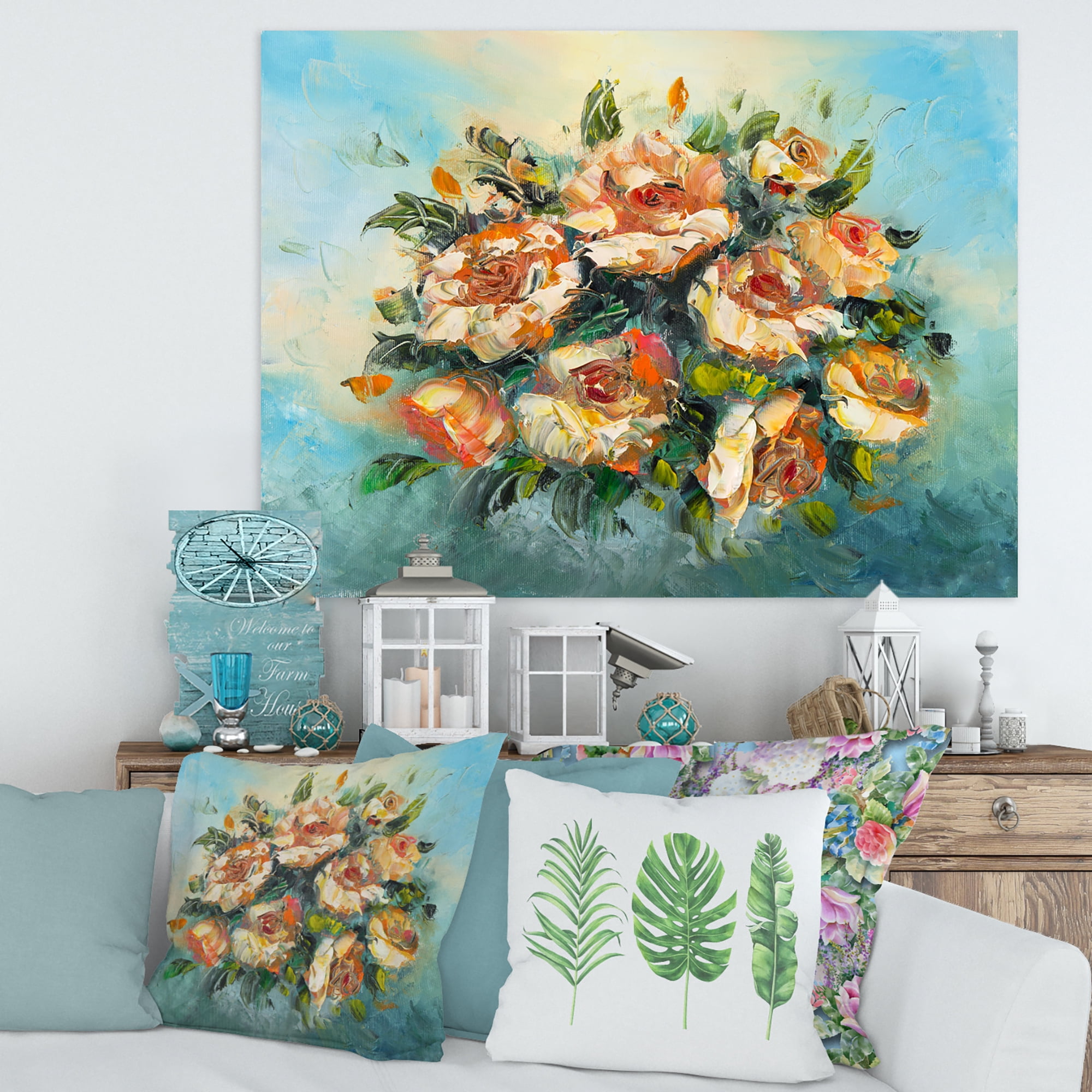 Designart ' Ancient Flowers Bouquet Of Dark Pink Flowers ' Traditional Canvas Wall Art Print