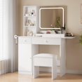 thumbnail image 2 of EDTara Makeup Vanity with Lighted Mirror, Vanity Desk with Power Strip, Adjustable Lighting, Drawers and Cushioned Stool, Dressing Table for Bedroom, Wood, 2 of 7