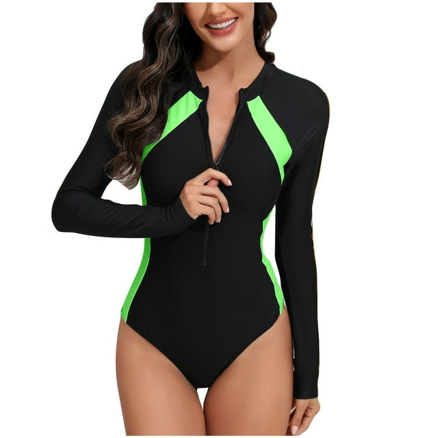 BADHUB Womens Long Sleeve Swimsuit Rash Guard Sun Protection Printed Zipper Surfing One Piece Swimsuit Casual Patchwork Tummy Control Bathing Suit