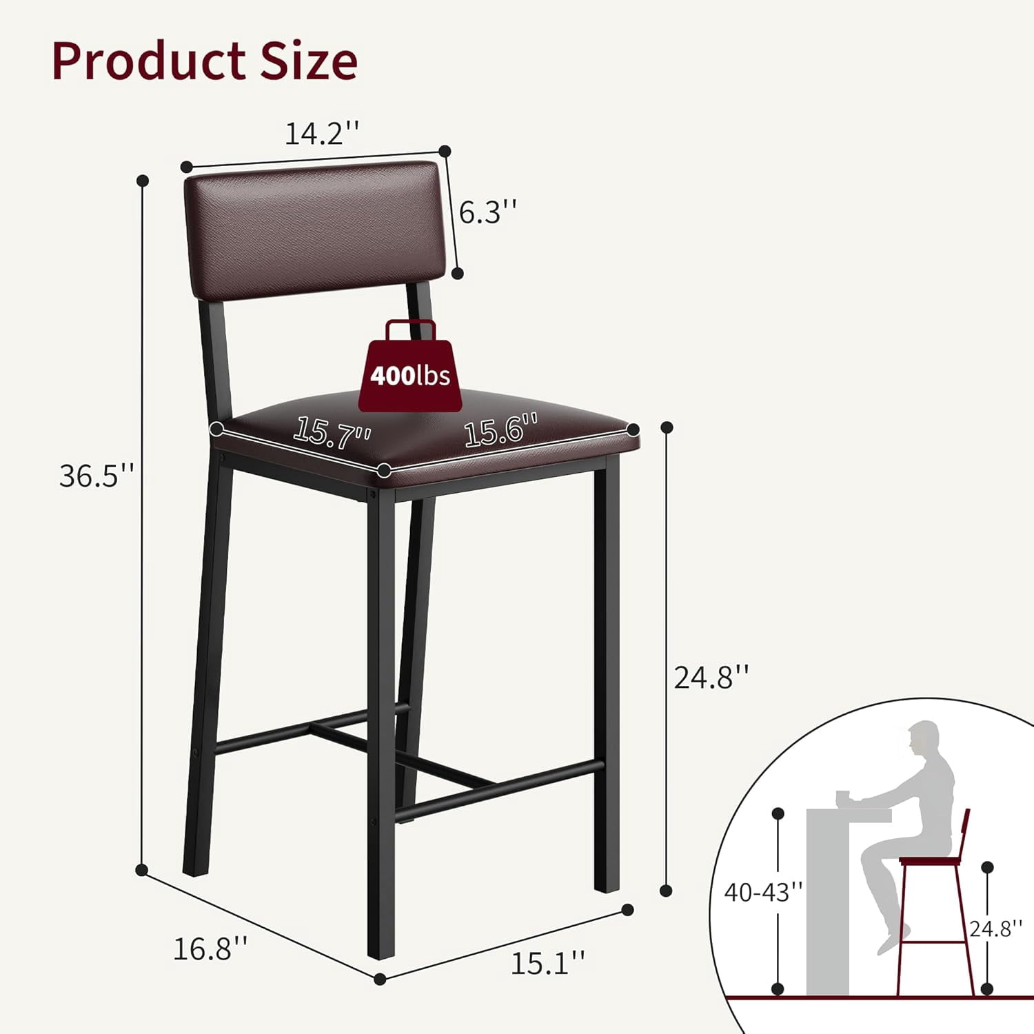 Bar Stools,25 Inch Counter Height Bar Stools Set of 4,Modern Faux Leather High Barstools with Footrest,Back and Metal Leg,Bar Chairs for Kitchen Island,Bar