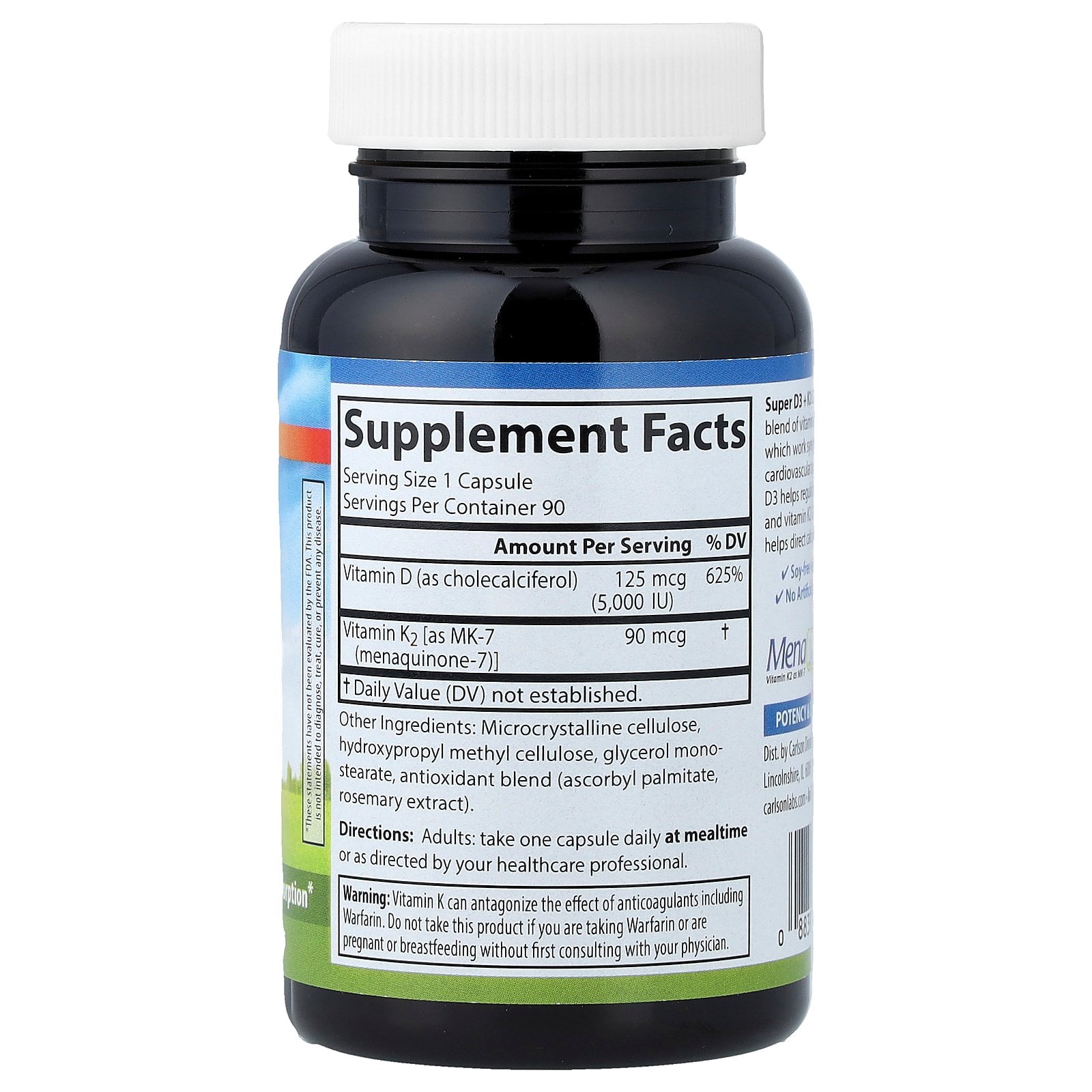 Carlson Super D3 + K2, 90 Vegetarian Capsules