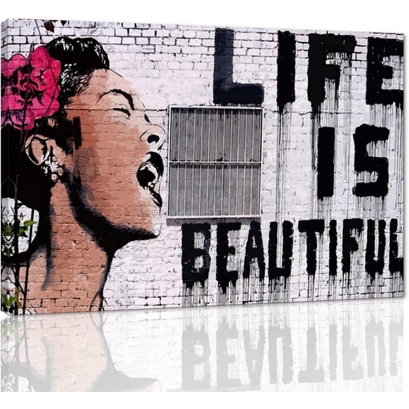 Aaheei Graffiti Street Art Banksy Art Women Painting Print on Canvas Life is Beautiful Home Artwork for Living Room Bedroom Decoration Ready to Hang 8 x 10 in