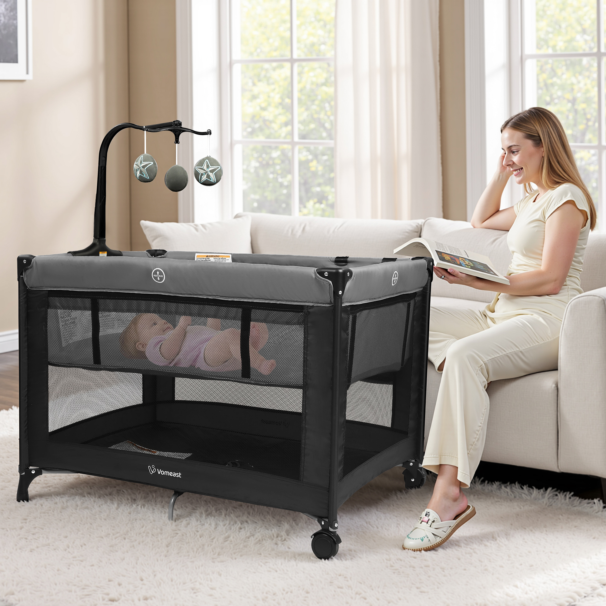 Vomeast Baby Playard and Bassinet with Toy Bar, Grey photo 2