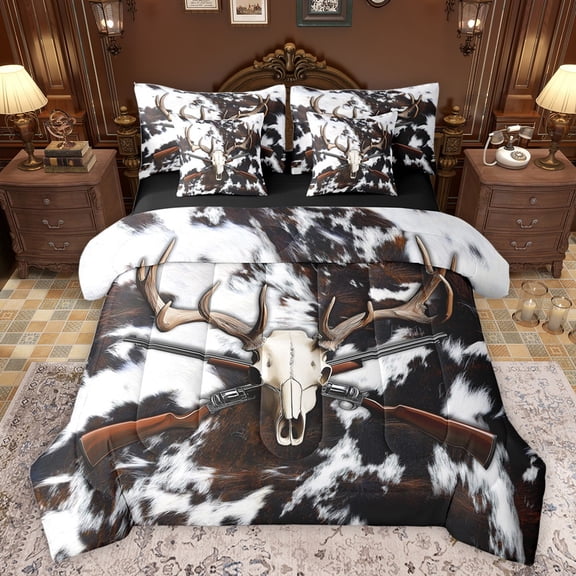 Castle Fairy Western Bull Skull Twin Bedding Sets 7-Piece for Boys Girls,Farmhouse Cow Print Bedding Comforter Set Microfiber,Wildlife Animal Hunting Breathable Sheet Sets,Super Cozy Room Decor
