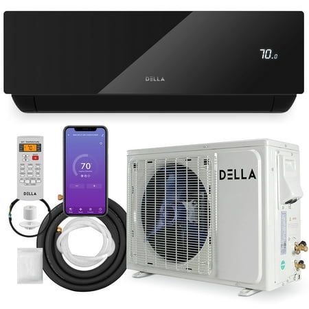 DELLA 12000 BTU Wifi Enabled Mini Split Air Conditioner Ductless Inverter System, 17 SEER 208-230V Energy Efficient Unit w/1 Ton Heat Pump, Pre-Charged Condenser Full Installation Kit (Black Series)