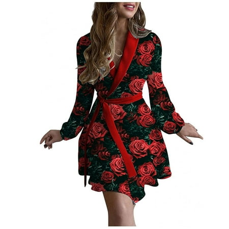 

Women Casual Turn-Down Collor Print Long Sleeve Dress Cardigan Pajamas Loose Dress Ladies Loose Floral Print Lapel Long Sleeve Dress Cardigan Pajamas Homewear