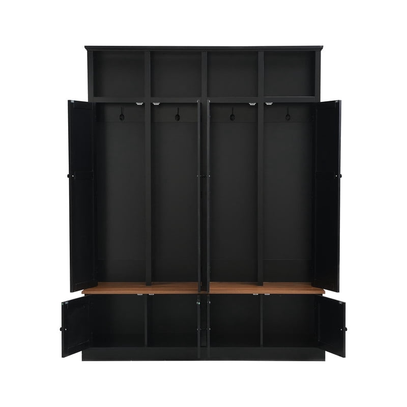 Farmhouse Hall Tree with Open Compartments, 4-in-1 Entryway Bench with Storage Cabinets, Modern Coat Rack with 4 Hooks for Hallway Entryway