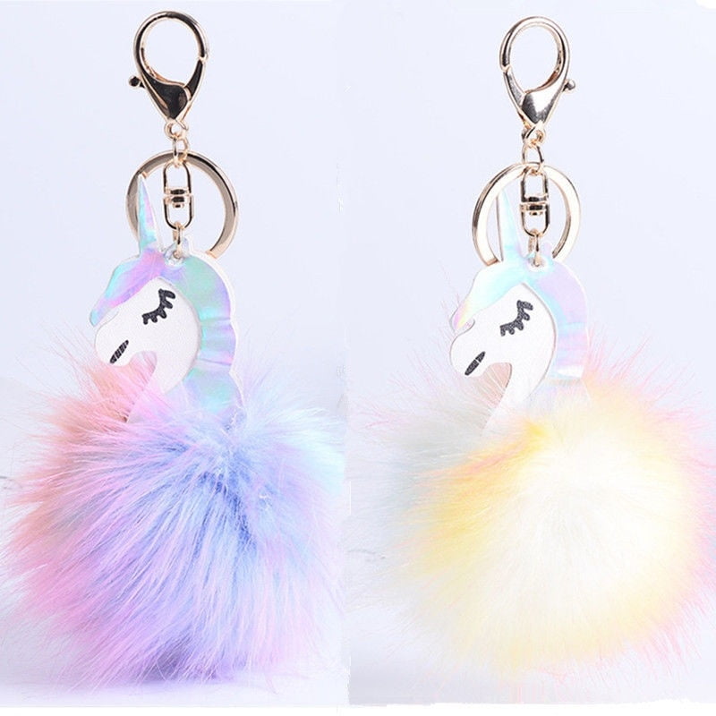 Fluffy Unicorn Pendant Keychain Pompom Ball Key Chains Bag Keyring Ornament