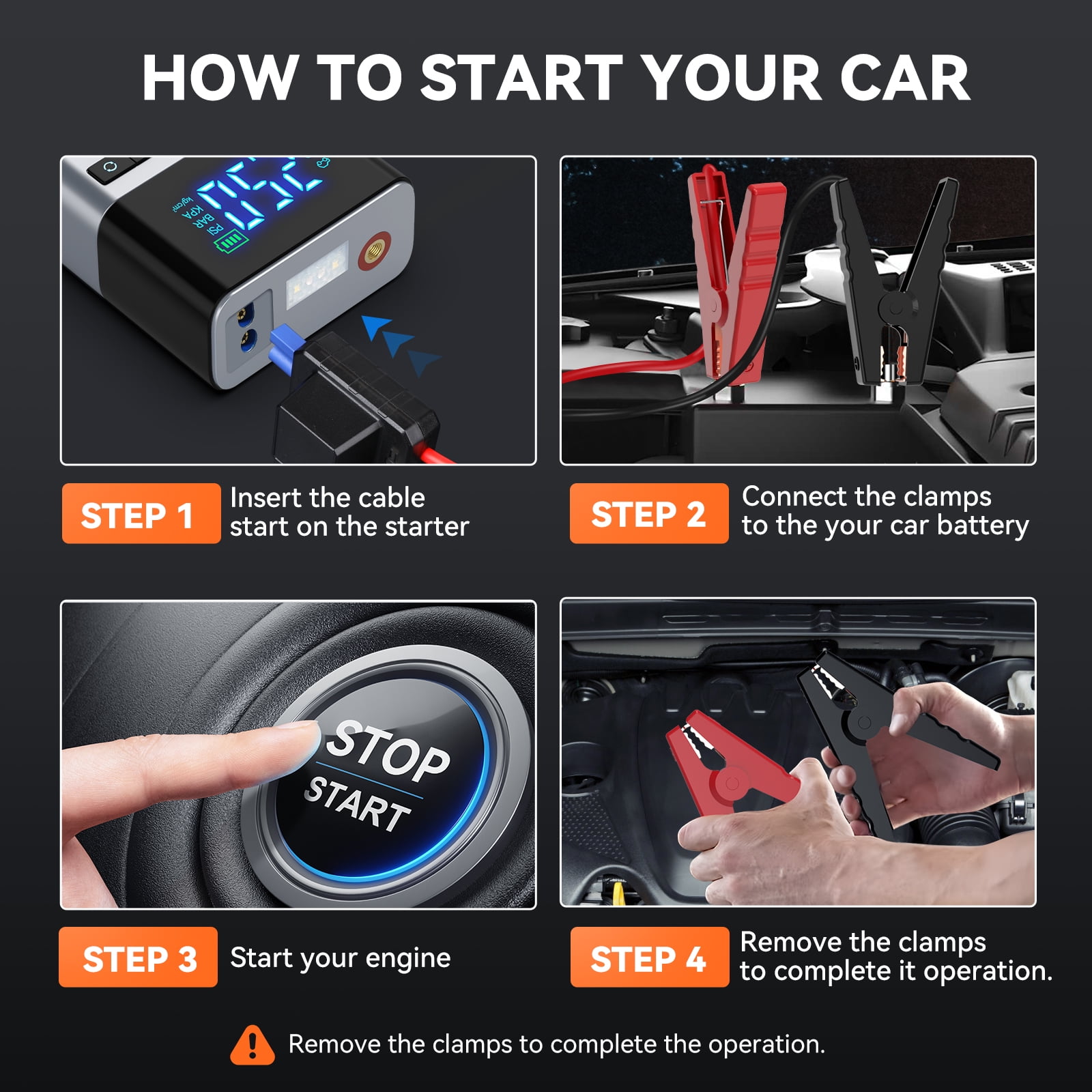 BRPOM Portable Car Jump Starter with Air Compressor, 12V Battery pack for Gas/Diesel Engines, 7500A High Power, Digital Display, LED Lights, USB Type-C Charging, Rechargeable Lithium Polymer Battery