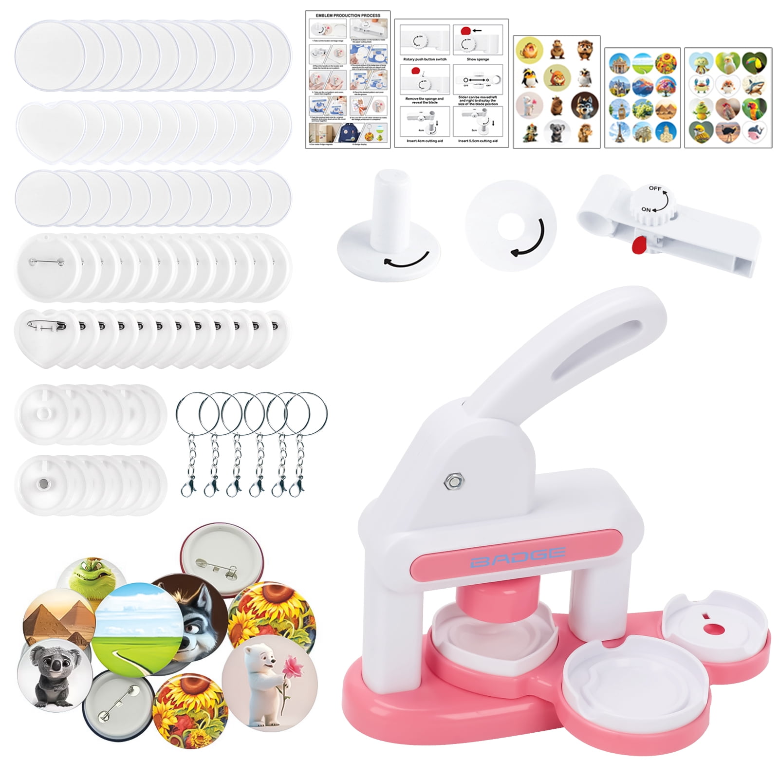 Badge Maker for Kids, 35-55mm (1.37-2.16 inch) DIY Pin Button Maker Press Machine, Badge Machine Punch Kit with 24 pcs Button Parts & Picture Cutters for Kids DIY Gifts and Christmas-Pink