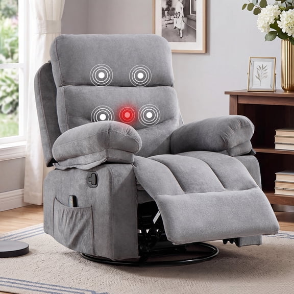Bonzy Home Manual Recliner Chair with Massage & Heat, Soft Fabric Recliner Chair with Overstuffed Armrest & Backrest, Manual Reclining Single Sofa with Side Pocket for Living Room,Gray