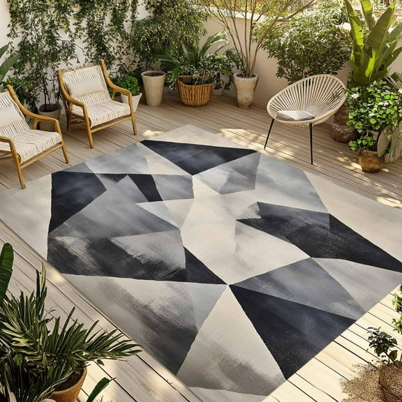Fsddascl Black White Geometric Outdoor Rug for Patio/Deck/Porch, Non-Slip Large Area Rug 4 x 6 Ft, Vintage Minimalist Art Indoor Outdoor Rugs Washable Area Rugs, Reversible Camping Rug Carpet Runner
