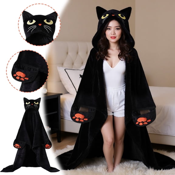 JuDWoC Wearable Hooded Halloween Blanket Soft Flannel Fleece Blanket Novelty Black Cat & Witch Halloween Costume Hooded Blanket Wrap for Adults 82.7*66.9in