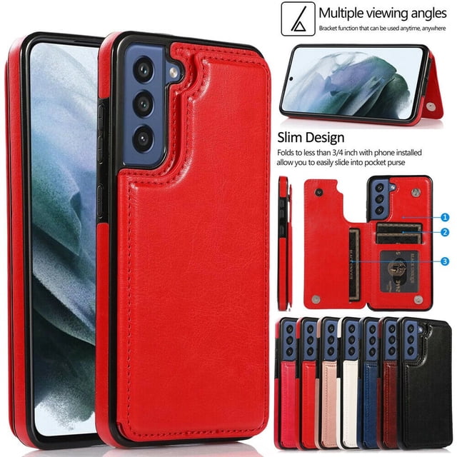Merlin Leather Flip Wallet Case Card Holder Phone Back Cover for Samsung Galaxy S21 FE (Red)