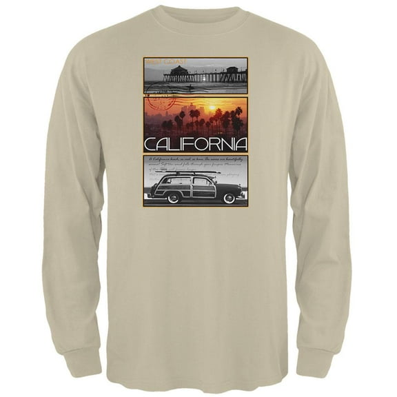 West Coast Postcard Pier Palm California Mens Long Sleeve T Shirt Sand LG