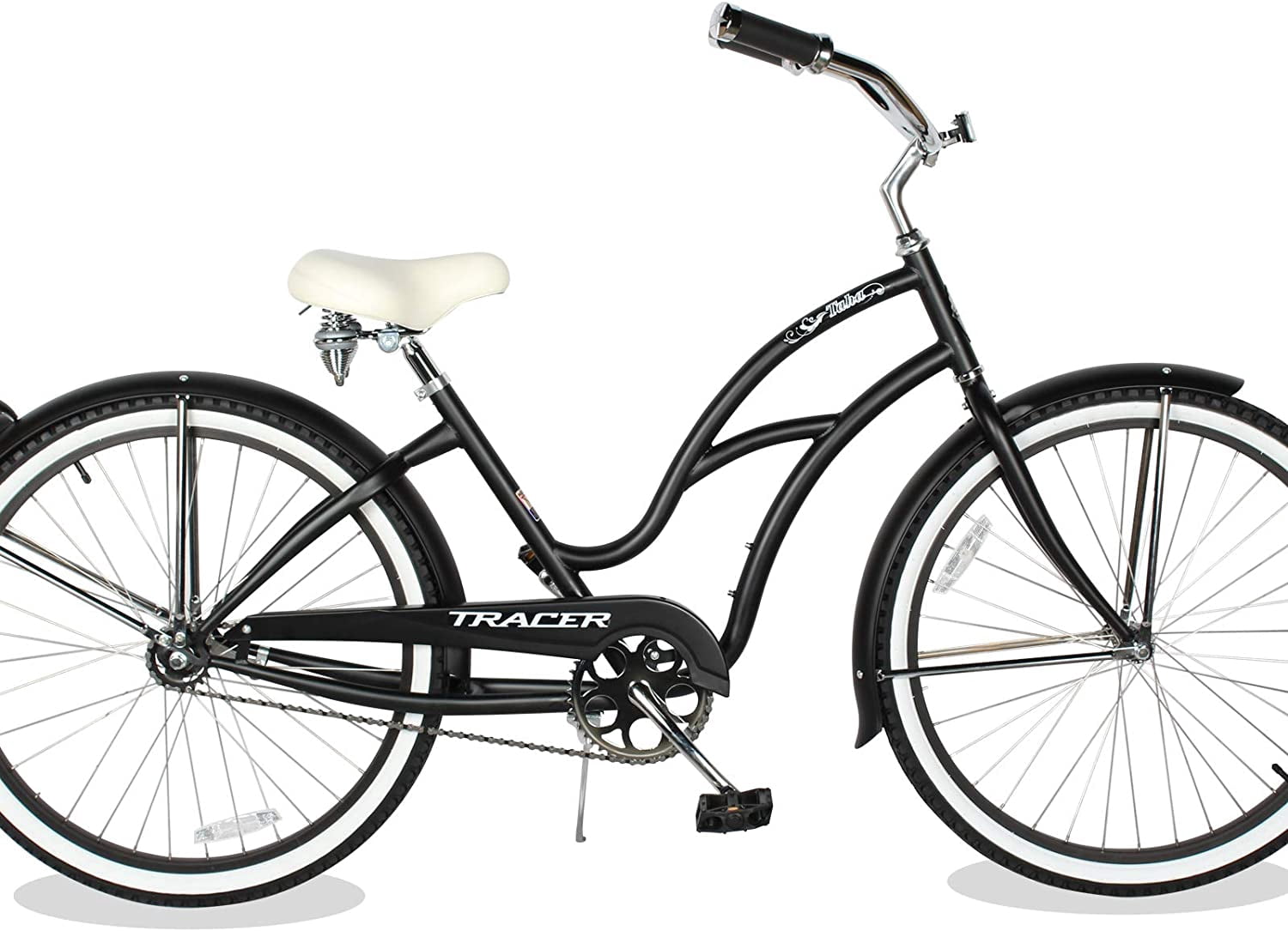 WonderWheels 26" Beach Cruiser Coaster Brake Stainless Steel Spokes One Piece Crank Alloy Orange Rims 36H W/ Fenders - Matte Black