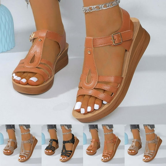 QNANSPI Women's Wedge Heel Shoes, Summer Casual Footwear for Women, Women Peep Toe Buckle Strap Fashion Broad Heel Slide Footwear For Summer Shoes