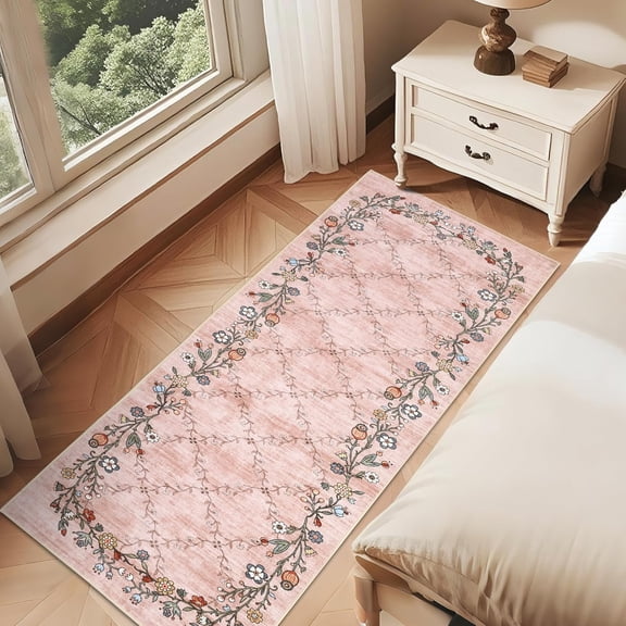 2x6 Vintage Floral Botanical Faux Wool Runner Rug, TPR Non Slip Washable Low Pile Entryway Hallway Kitchen Carpet,pink
