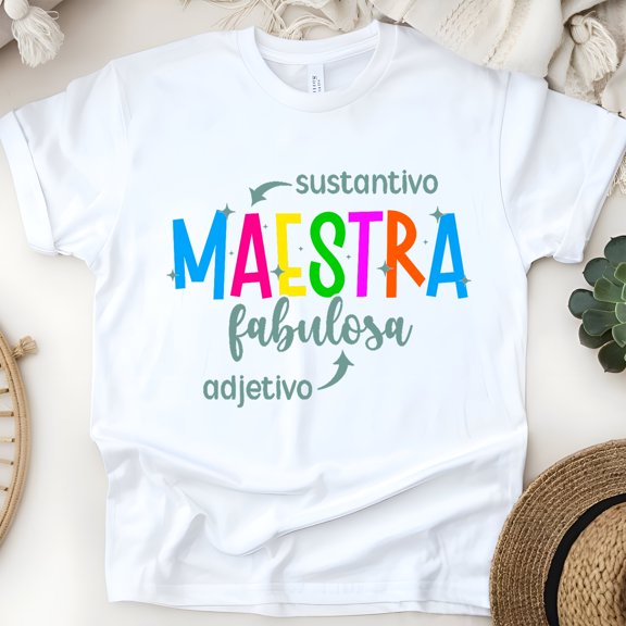 Maestra Fabulosa T-Shirt, Spanish Grammar Design for Teachers, Colorful Educator Tee, White, Size S