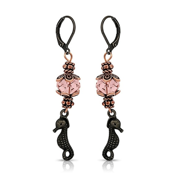Besheek Handmade Copper and Pink Crystal Seahorse Boho Chic Dangle Earrings
