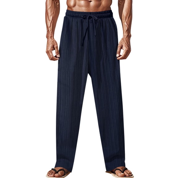 Yaoyar Summer Men's Lightweight Casual Pants Solid Color with Drawstring Elastic Waist Breathable Fabric for Warm Weather Long Trousers,XXXL,Navy