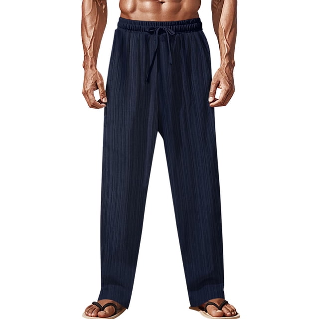 Pantalones largos de verano para hombre, casuales, de moda, de color sólido, con cordón y cintura elástica.