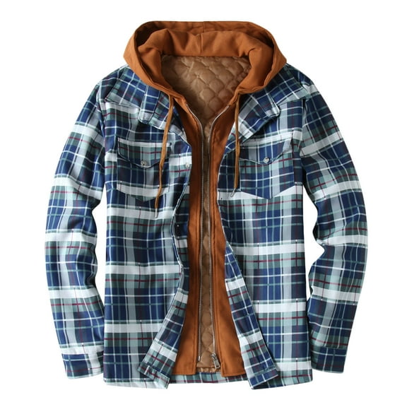 Plaid Flannel Jacket for Men Sale Clearance Quilted Winter Coat with Hood Tartan Checkered Shirt Jacket Long Sleeve Zipper Outdoor Outwear Hooded Lattice Coats Lumberjack Jacket UK Size 8-22