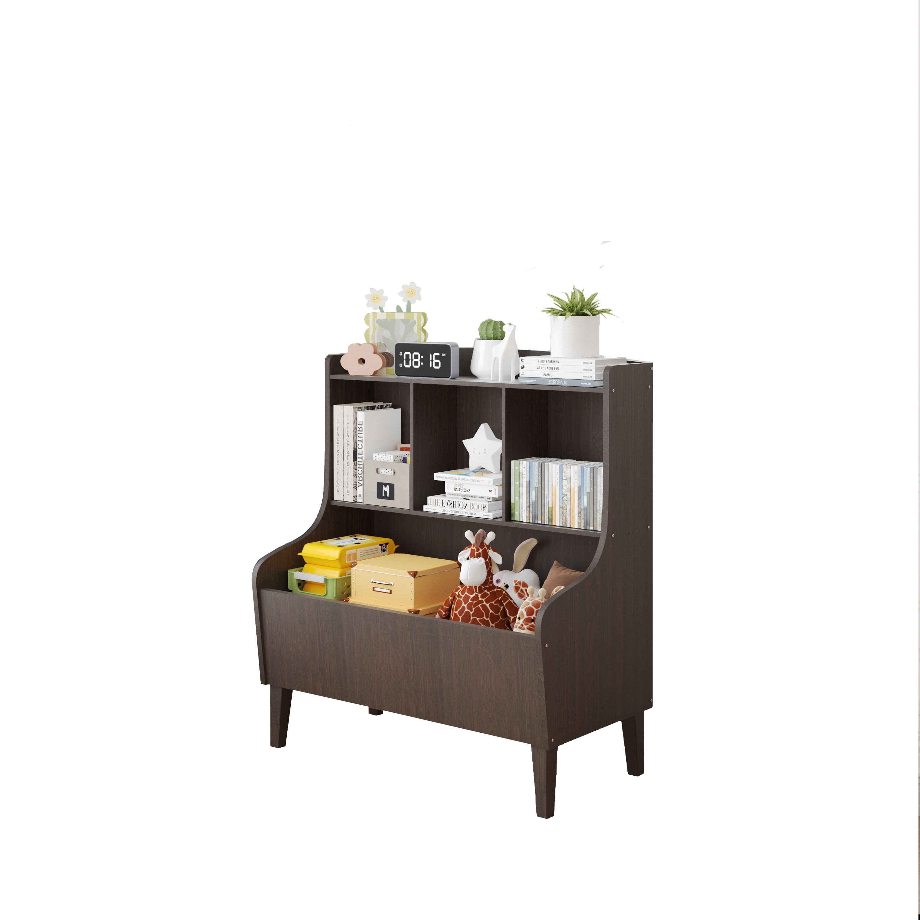 BALANBO Toy Storage Organizer, Kids Bookshelf Market Bin Cubby, Toy Chest for Playroom, Walnut