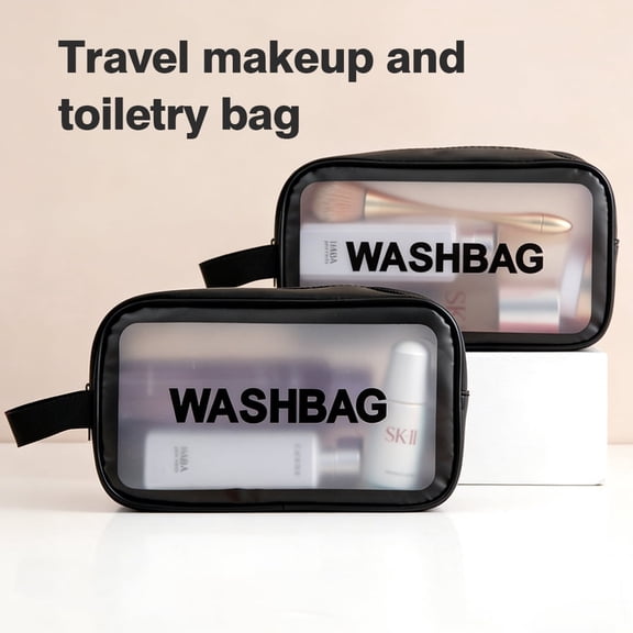 iooHug Waterproof Portable Travel Men and Women PVC and PU Leather Cosmetic Toiletry Case Makeup Bag with Zipper, Plain, Black, 1 Piece