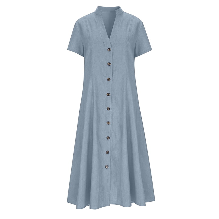 MELDVDIB Dresses for Women Denim V-Neck Short Sleeve Summer Dress Fashion  Casual Solid Color Loose Light Weight Midi Dress Outfits