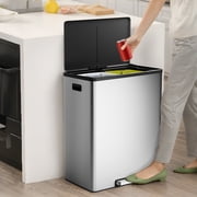 Dual Compartment Stainless Steel Trash Can 16 Gallon – Soft Close Lid, Removable Inner Bins, Foot Pedal – Commercial Recycling & Waste Bin for Kitchen, Office, Public Spaces – Primary Color