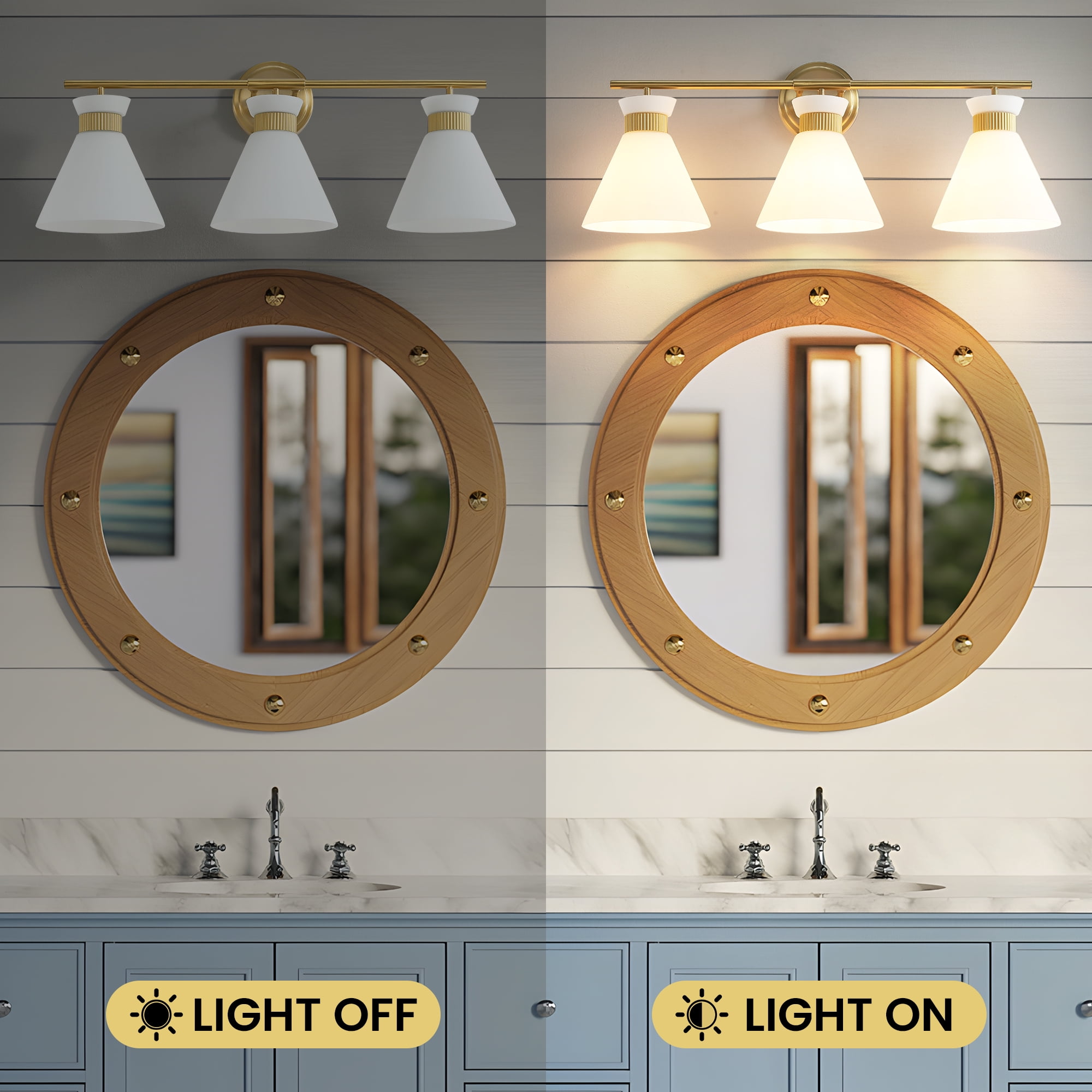 3-Lights Vanity Lights for Bathroom Gold Wall Sconce Lighting with Frosted Milky Glass for Over Mirror Bedroom Hallway
