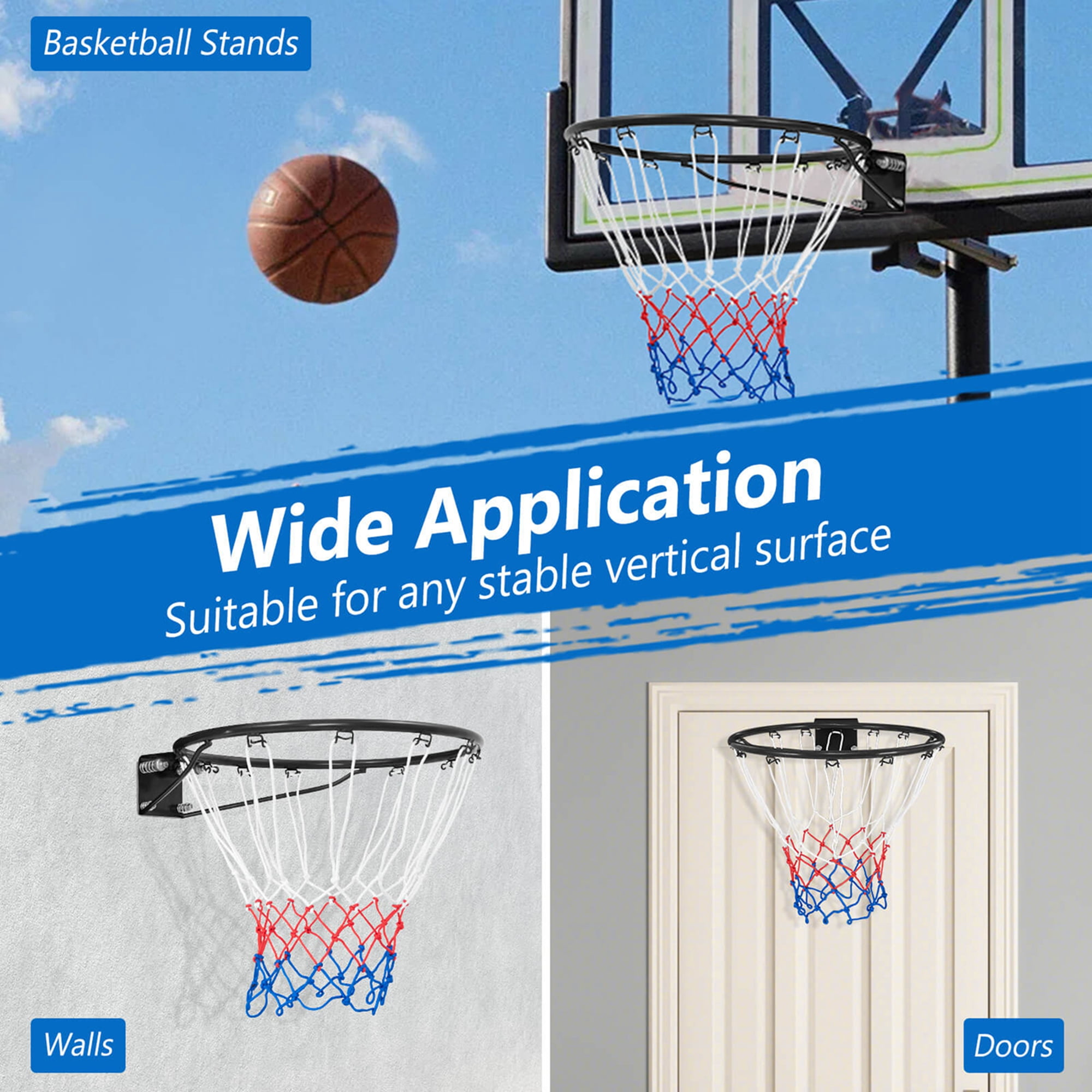 Costway 18" Basketball Rim Wall Door Mounted Basketball Hoop with All Weather Net Black
