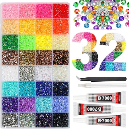 42000Pcs 32 Colors Resin Jelly Gems for Bedazzling Kit, 3mm Multicolor Flatback Rhinestones for Diamond Art, Bedazzler Kit with 3 Pcs B7000 Glue for Clothes, Shoes, Nails, Jewelry Making Crafting