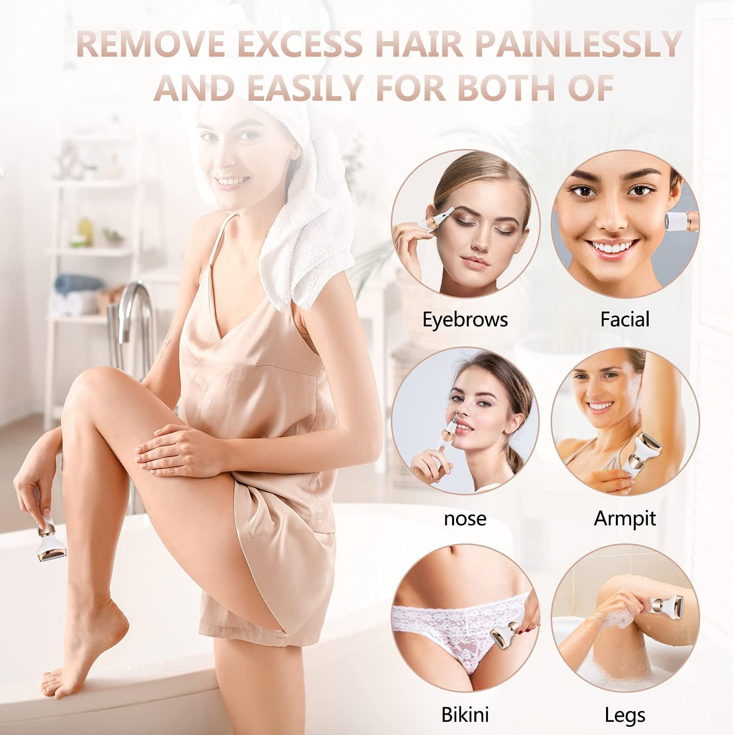 Electric Razor for Women Bikini Trimmer, MKIOVH Women's Cordless Portable 4 in 1 Painless Shaver, ​for face Legs Brows Nose Detachable Head USB Rechargeable Hair Trimmer