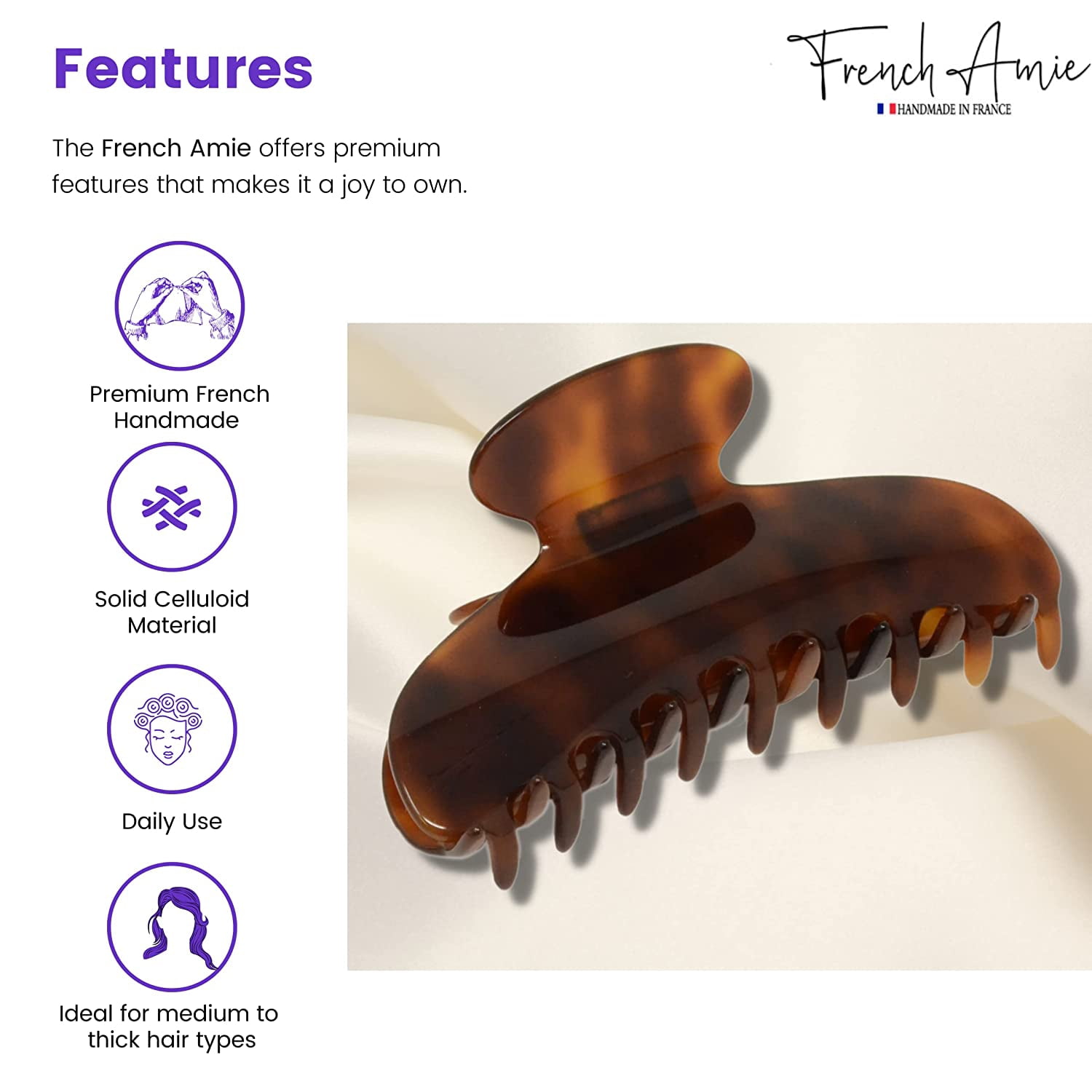 French Amie Thin Oval Large 4 1/4&rdquo; Handmade Celluloid Jaw Hair Claw for Women