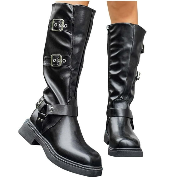 LOVZFMLL Boots for Women Mid Calf Chelsea Boots Buckle Square Toe Slip Resistant Low Chunky Heel Leather Casual Fall Winter Shoes