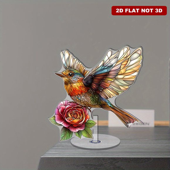 Rotating acrylic ornament featuring a colorful robin and rose flower in intricate Irish colors with detailed stained glass design