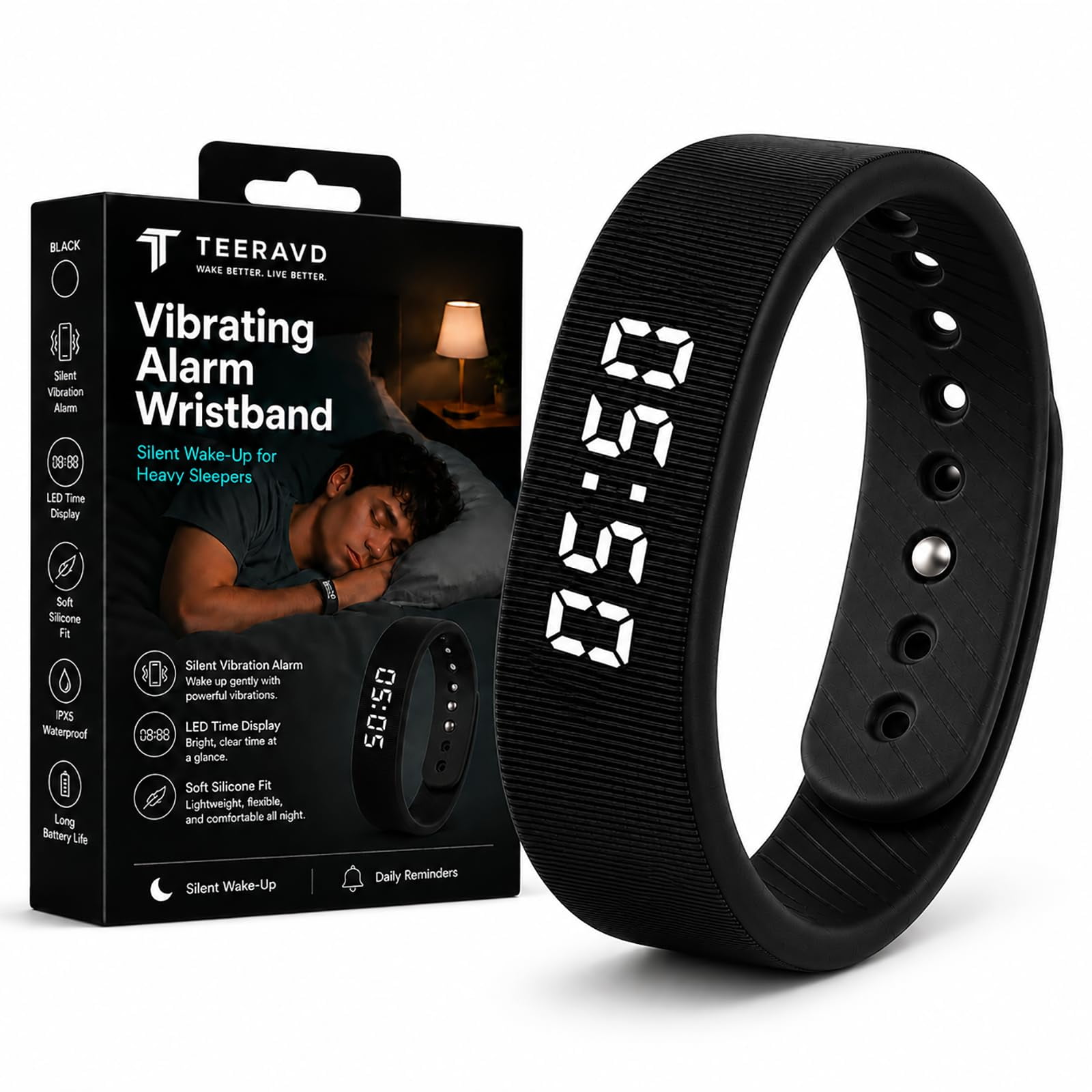 Vibrating Alarm Wristband Clock for Heavy Sleepers Wake Band Wrist Watch Silent Vibration Bracelet Loud Adults Strike Deaf People Despertar with that Won't Partner Extremely Deep (Black)