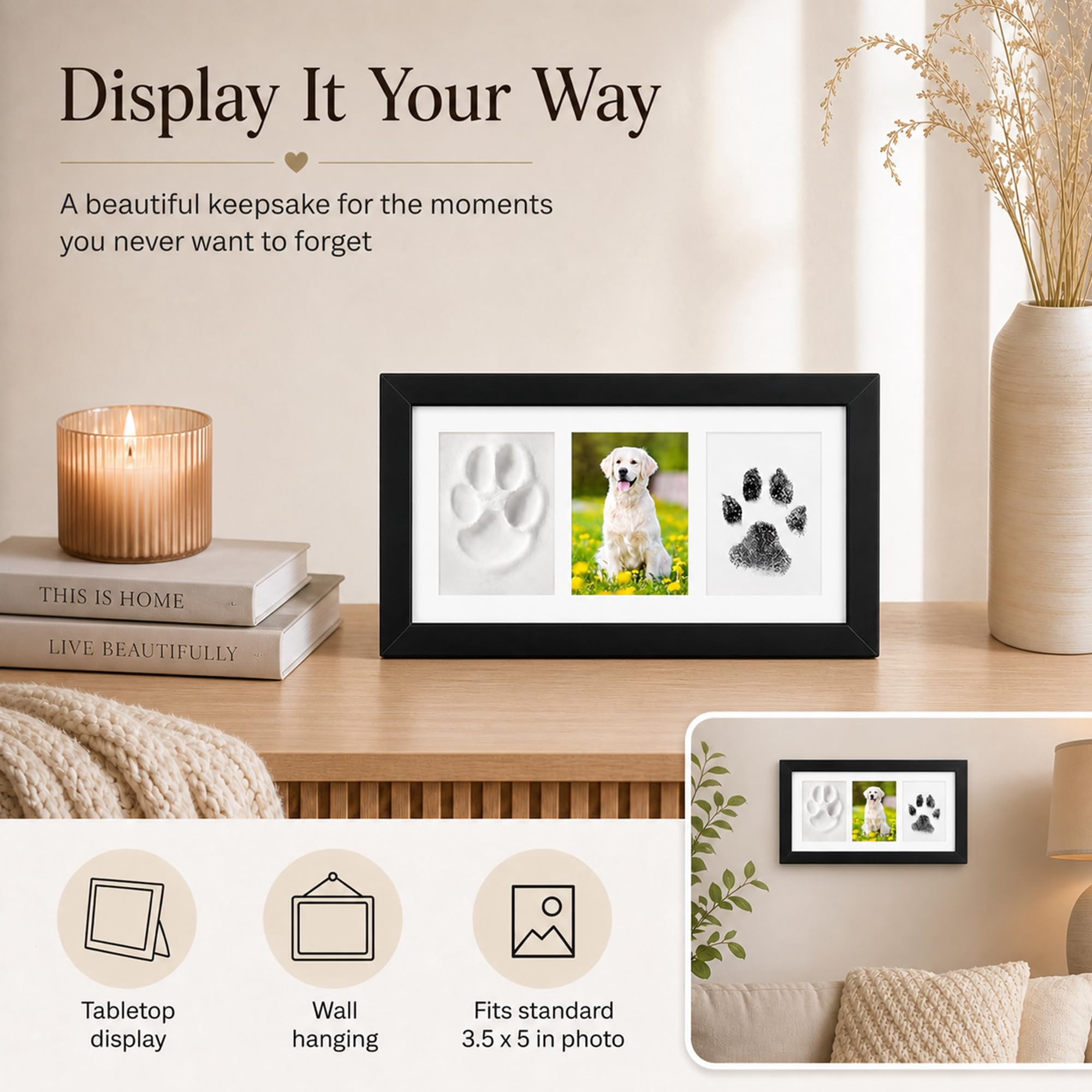 Dog Paw Print Frame Kit, Non-Toxic Clay & No Mess Ink Pad Pet Memorial DIY Gift (Black)
